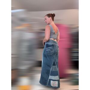 Upcyled denim boho denim maxi skirt with front slit sz S